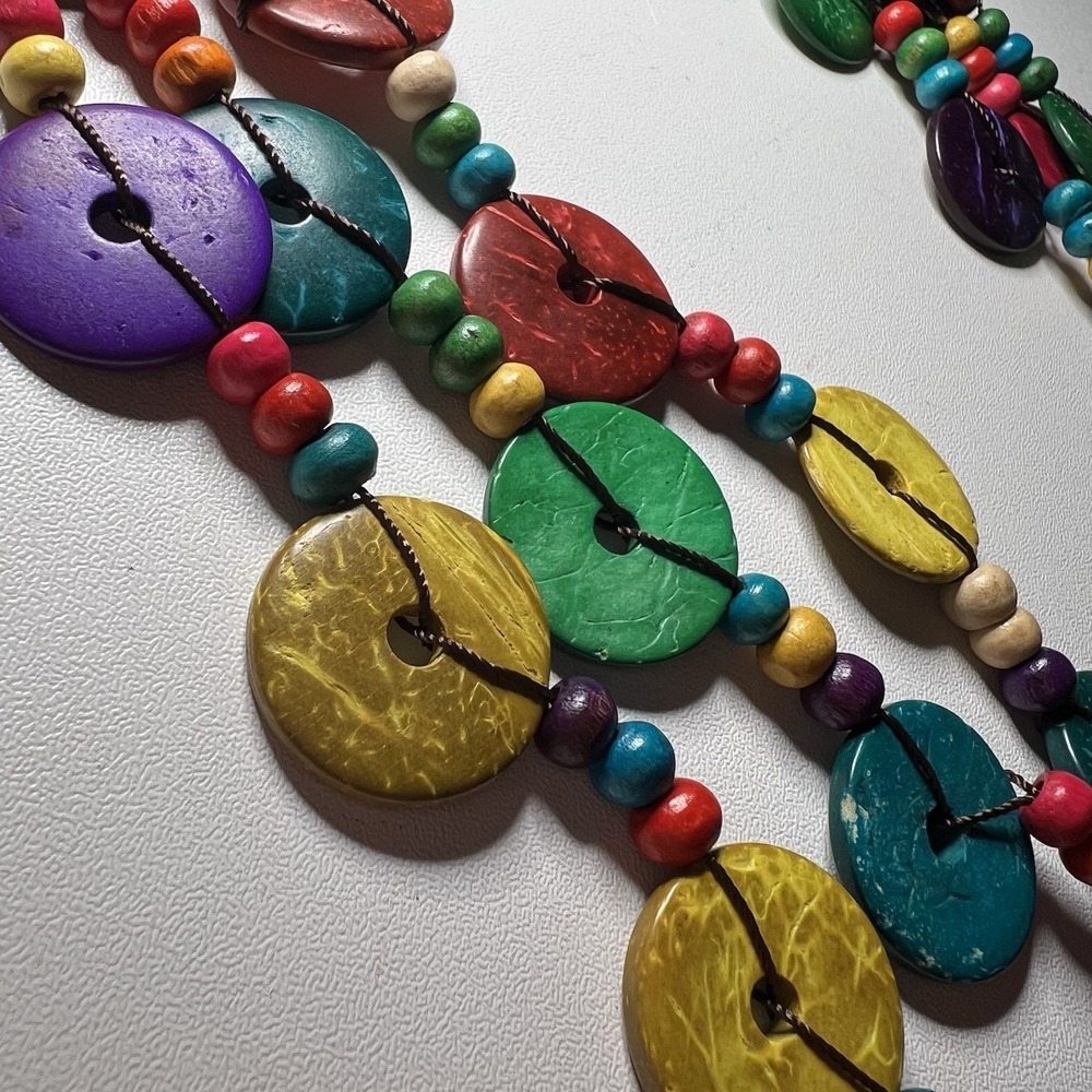 Vintage Bright Rainbow Hippie Flower Wood Coconut Shell Boho Beaded Bib Necklace